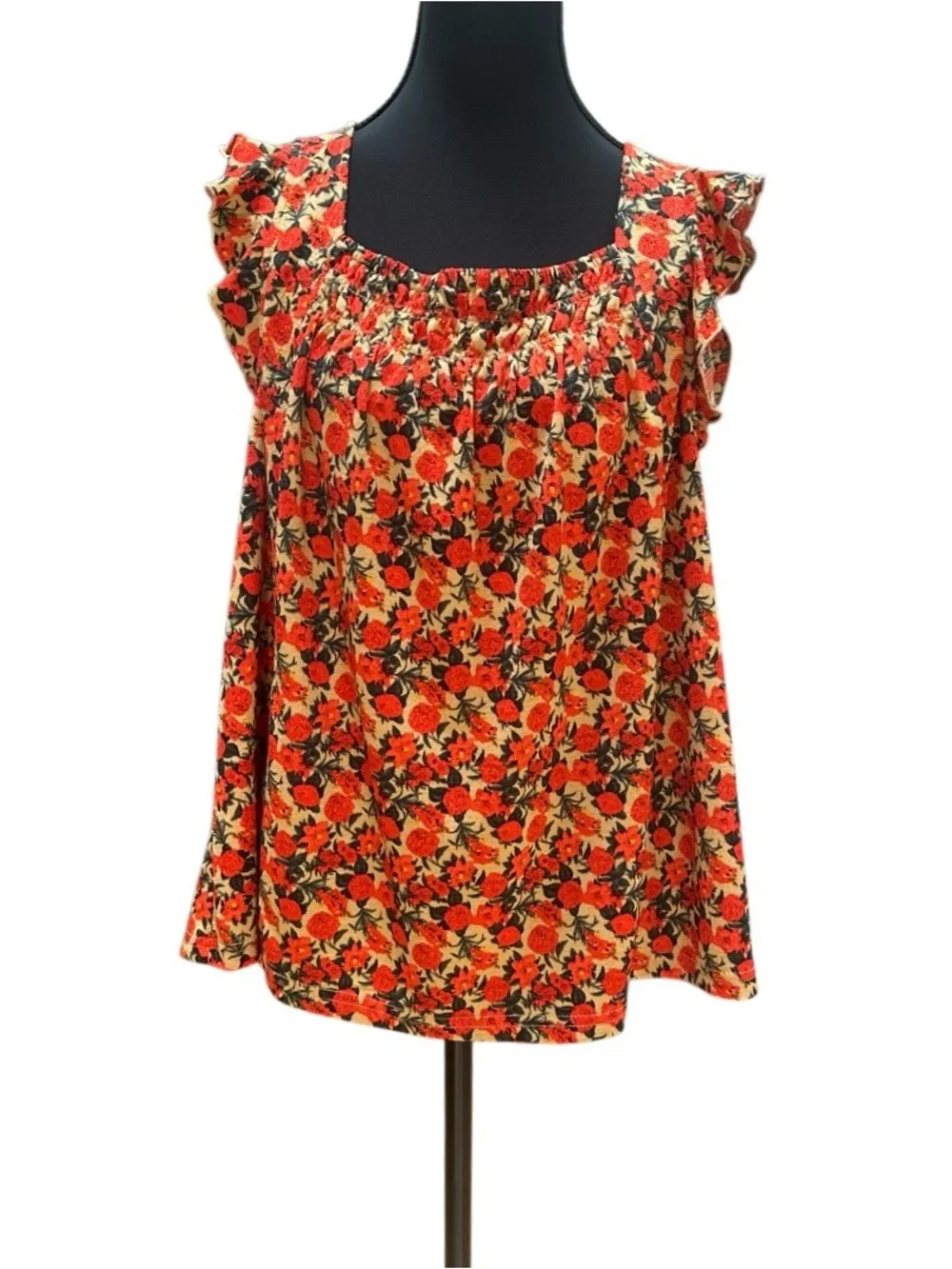 MELLODAY Red Floral Smocked Square-Neck Tank with Ruffle Cap Sleeves Size L